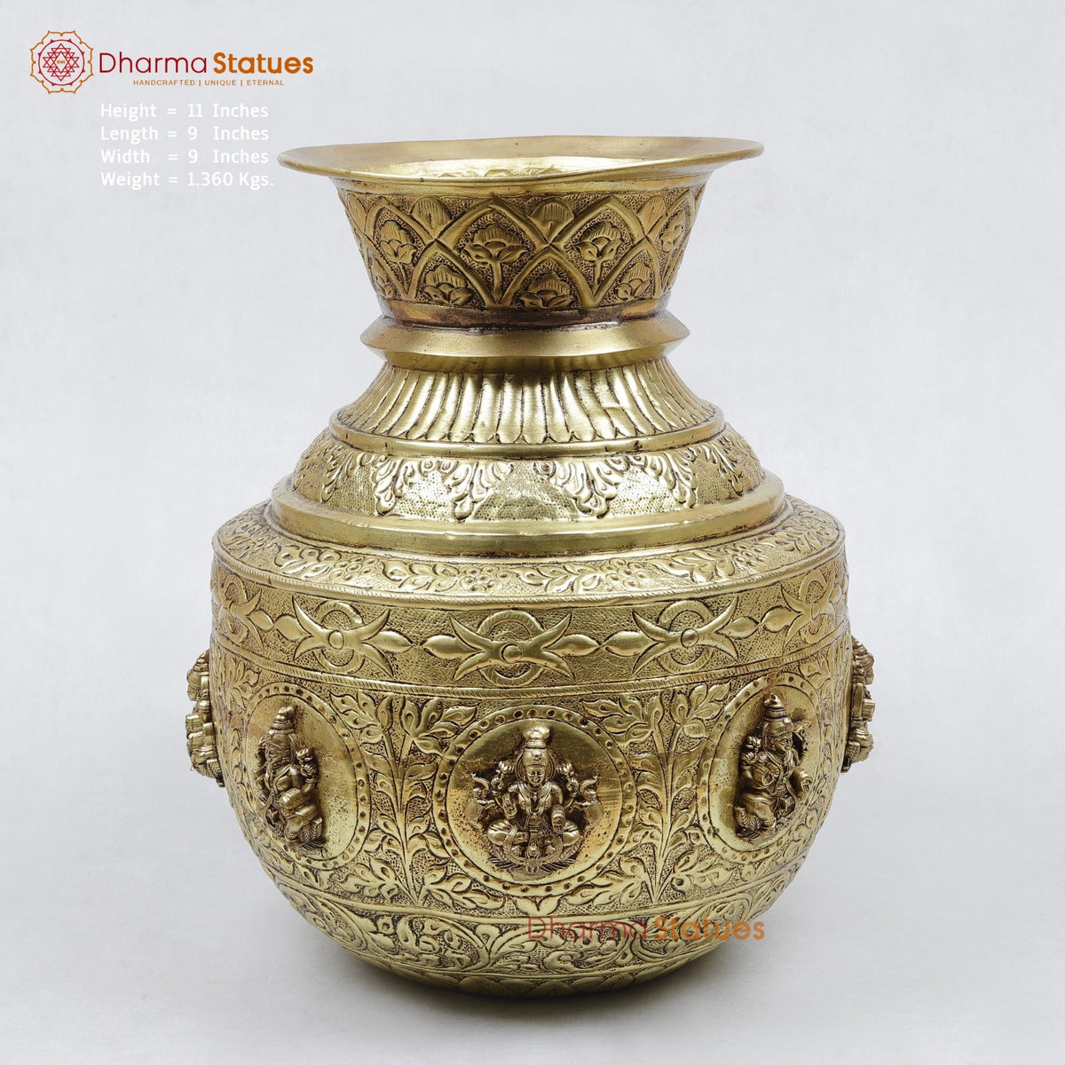 Brass Ashtlakshmi Kalsh Fine, Gold Finish 11”