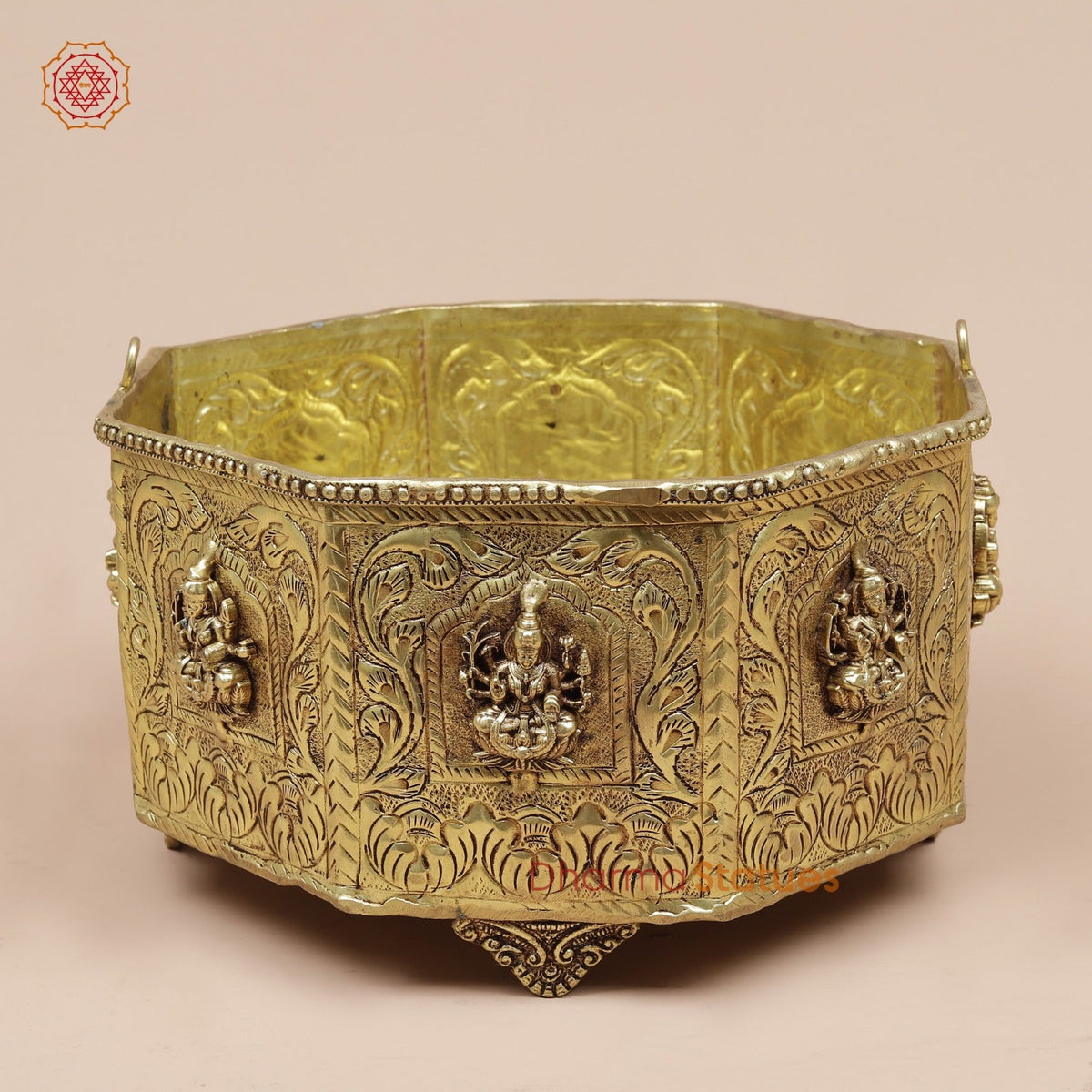 Brass Ashtlakshmi Flower Basket Fine, Gold Finish 8”