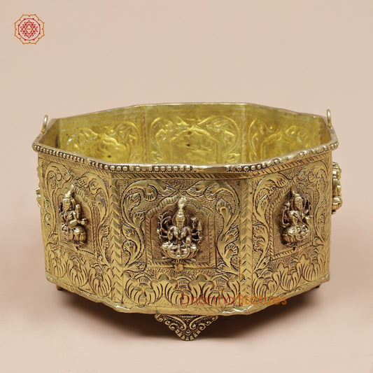 Brass Ashtlakshmi Flower Basket Fine, Gold Finish 8”