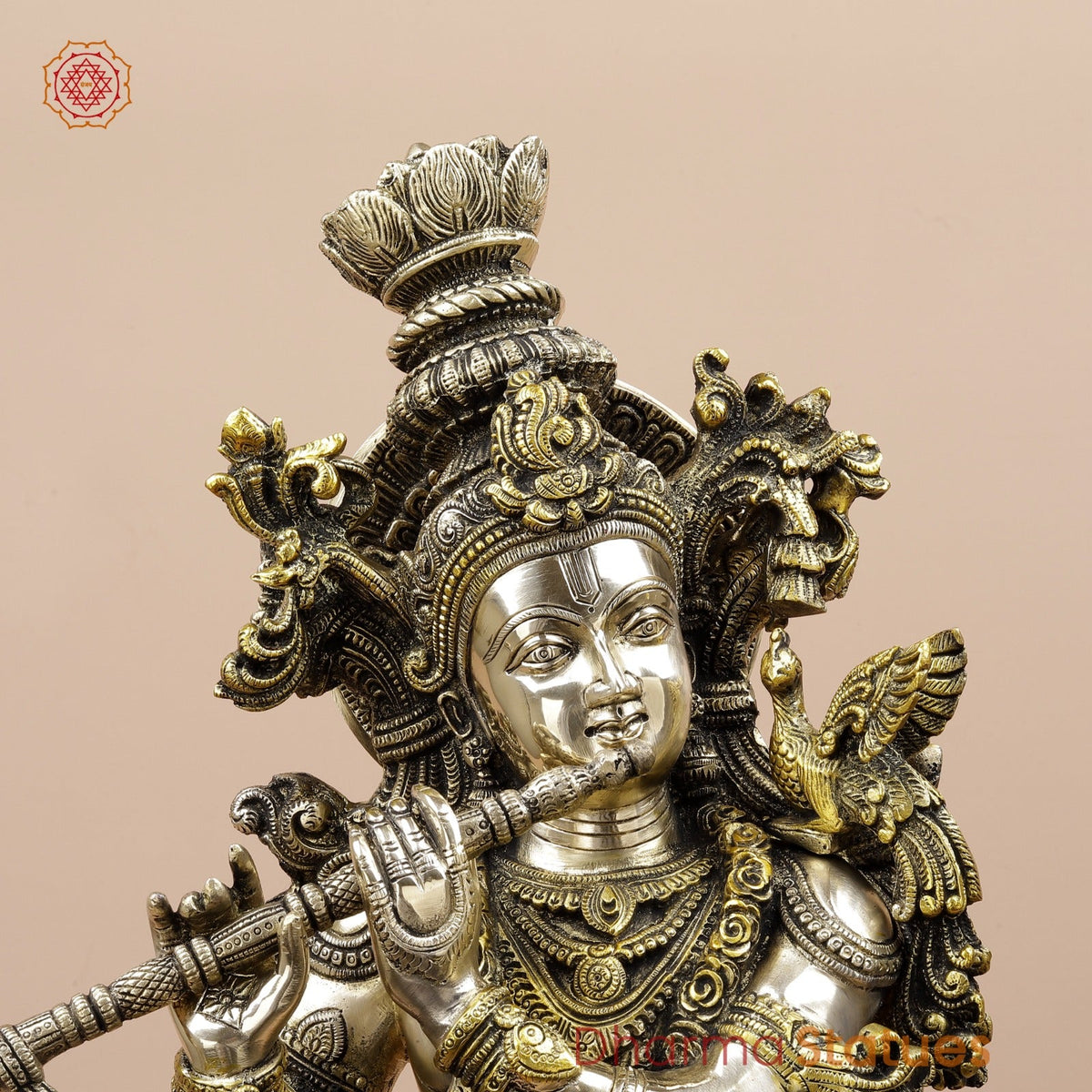 Brass Krishna Standing Fine Carving With Golden Jewellery, Smooth Finish 30”