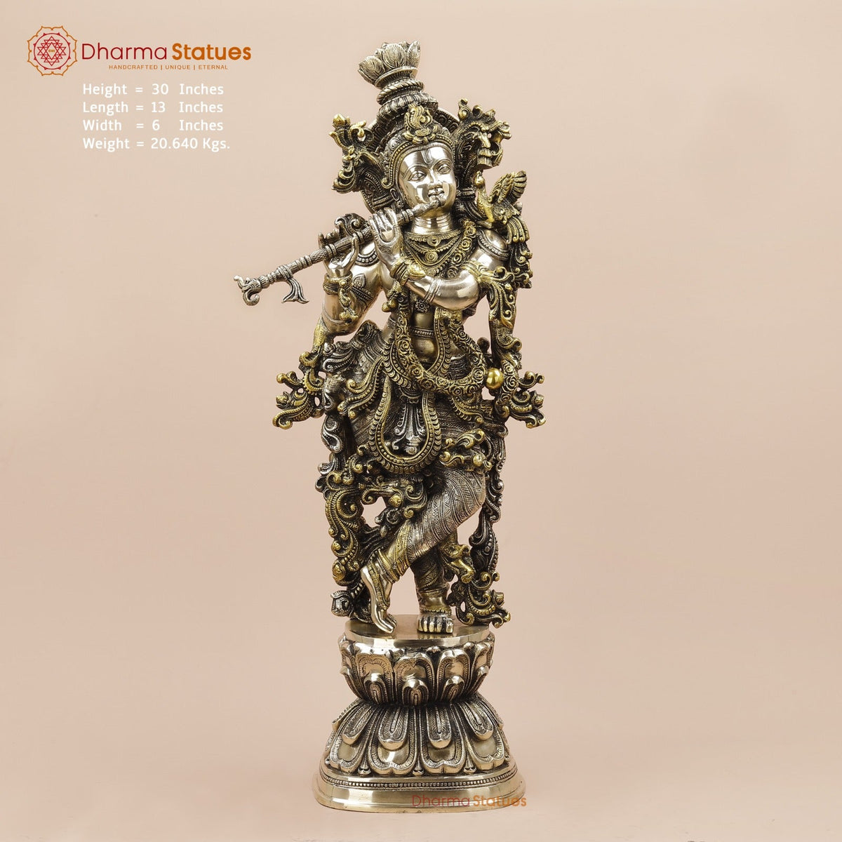 Brass Krishna Standing Fine Carving With Golden Jewellery, Smooth Finish 30”