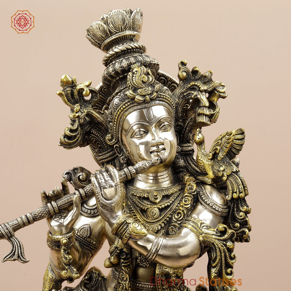 Brass Krishna Standing Fine Carving With Golden Jewellery, Smooth Finish 30”