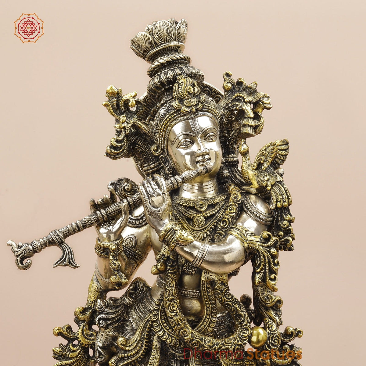 Brass Krishna Standing Fine Carving With Golden Jewellery, Smooth Finish 30”