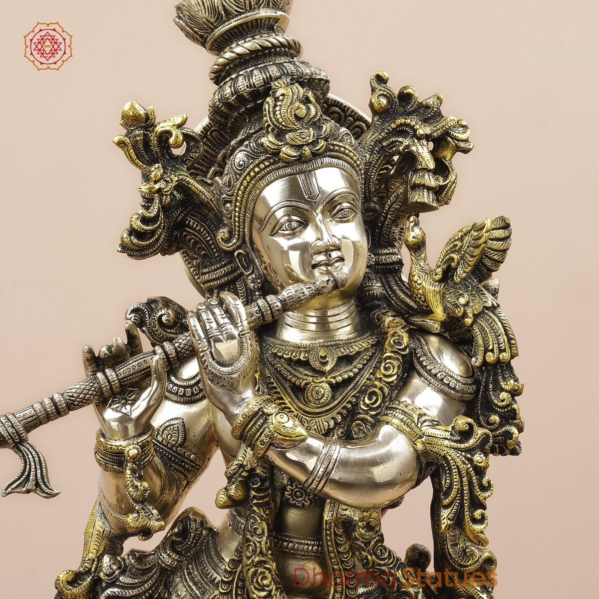 Brass Krishna Standing Fine Carving With Golden Jewellery, Smooth Finish 30”