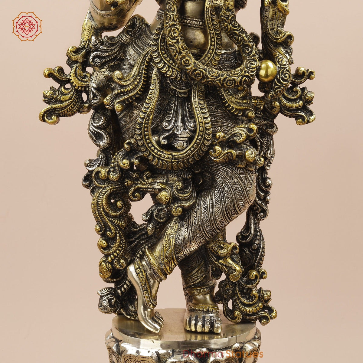Brass Krishna Standing Fine Carving With Golden Jewellery, Smooth Finish 30”