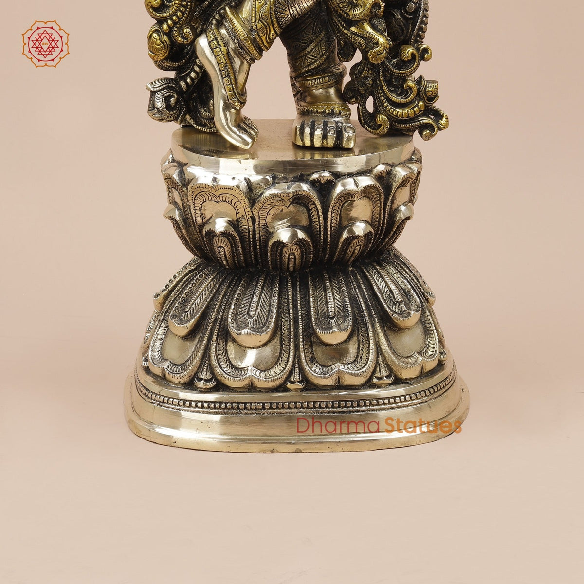 Brass Krishna Standing Fine Carving With Golden Jewellery, Smooth Finish 30”