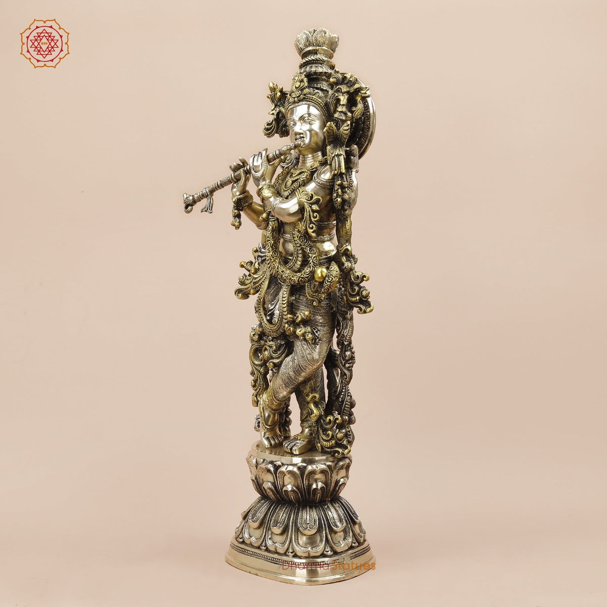Brass Krishna Standing Fine Carving With Golden Jewellery, Smooth Finish 30”