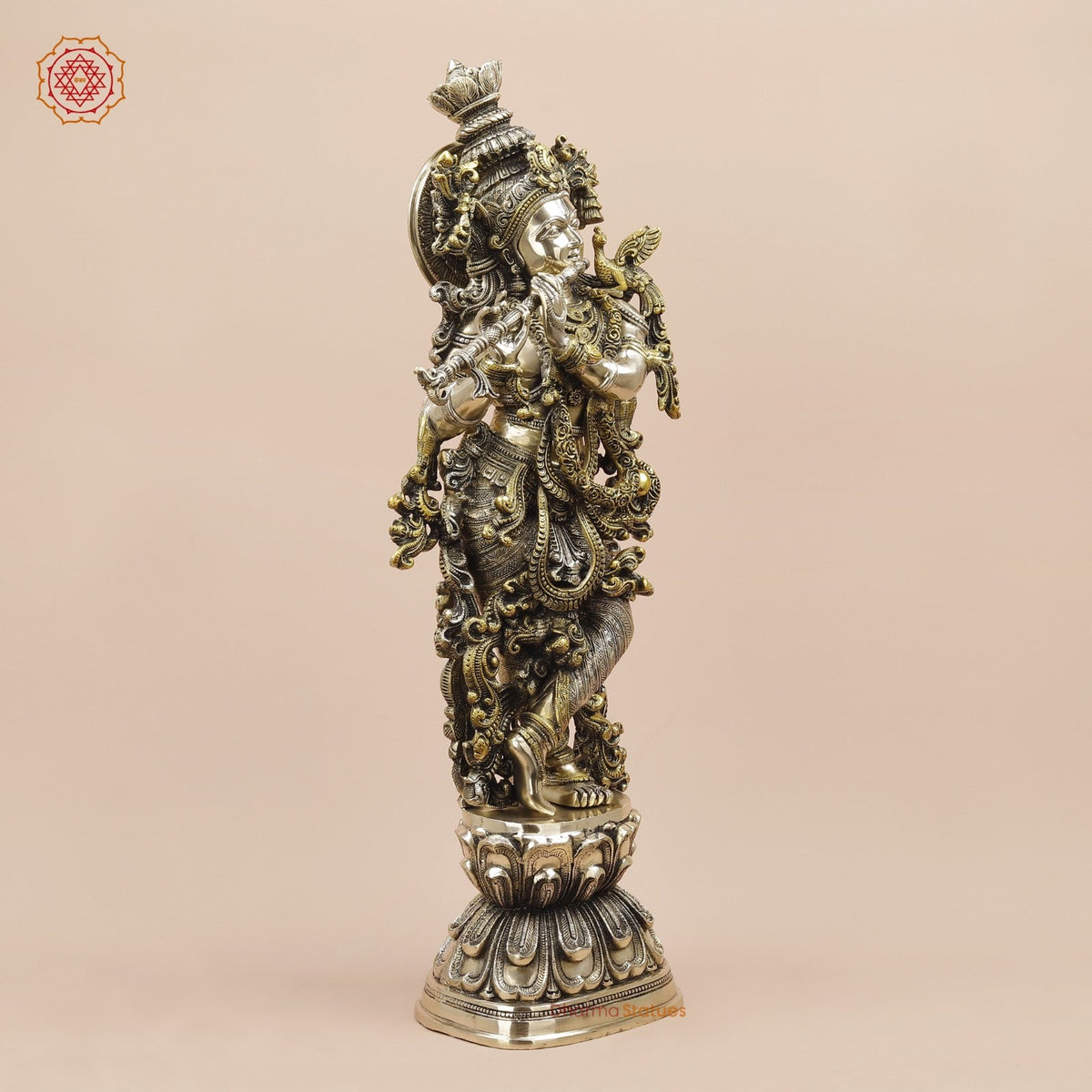 Brass Krishna Standing Fine Carving With Golden Jewellery, Smooth Finish 30”