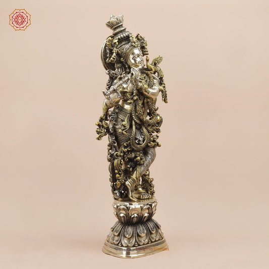 Brass Krishna Standing Fine Carving With Golden Jewellery, Smooth Finish 30”