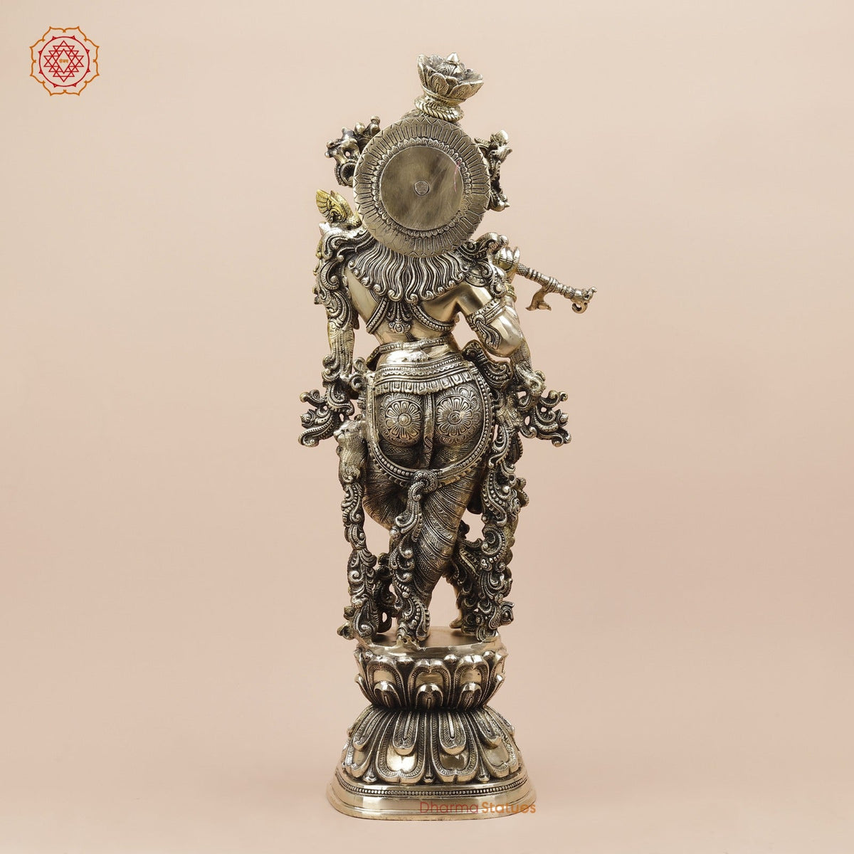 Brass Krishna Standing Fine Carving With Golden Jewellery, Smooth Finish 30”