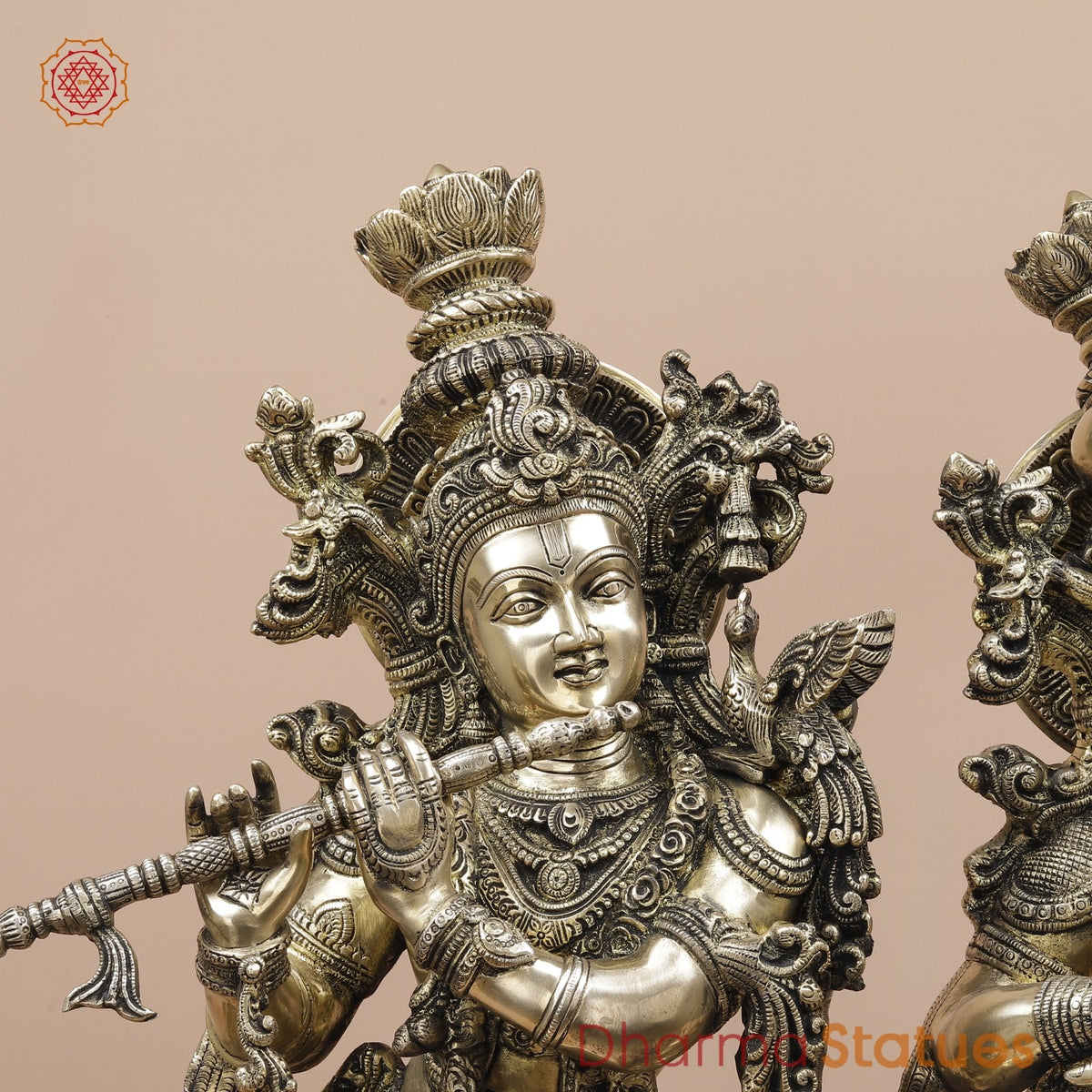 Brass Radha Krishna Standing On Floral Base Fine, Smooth Finish 27”