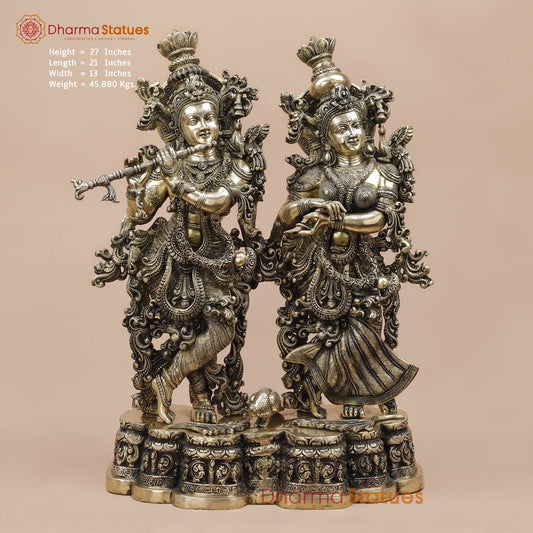 Brass Radha Krishna Standing On Floral Base Fine, Smooth Finish 27”