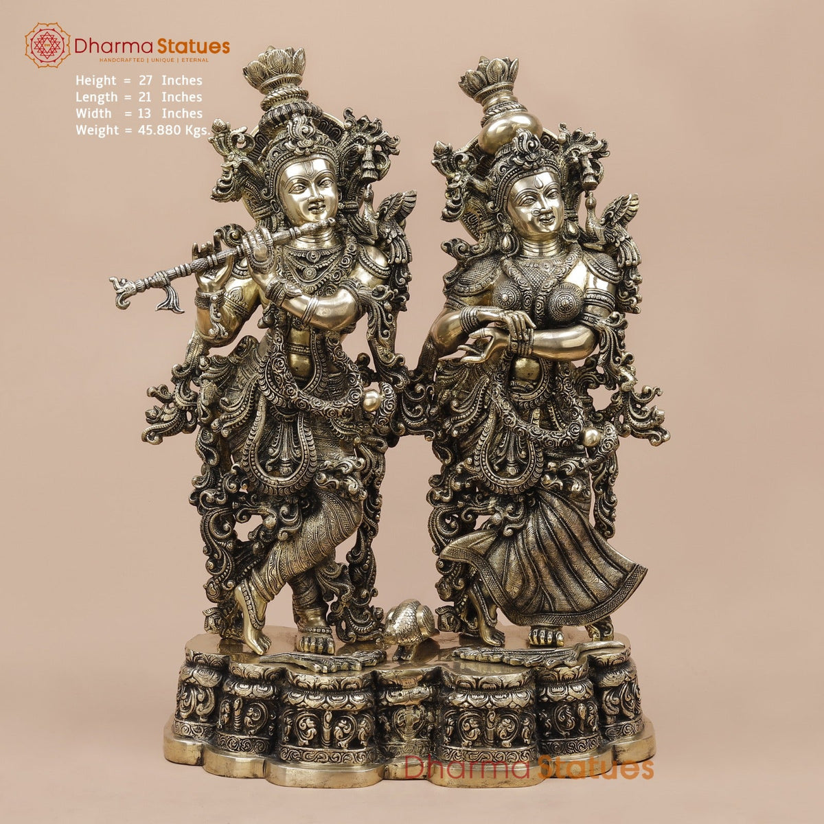 Brass Radha Krishna Standing On Floral Base Fine, Smooth Finish 27”