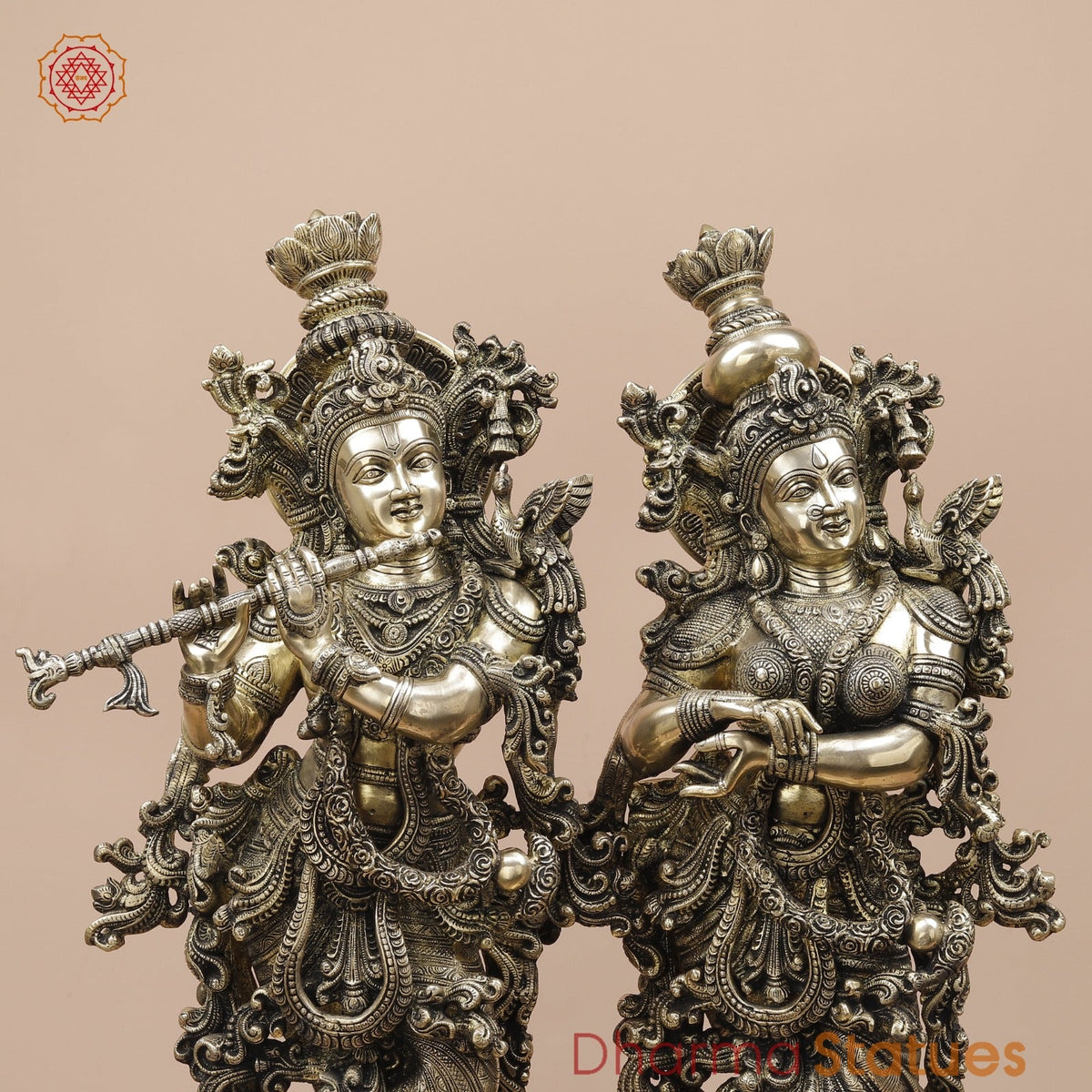 Brass Radha Krishna Standing On Floral Base Fine, Smooth Finish 27”