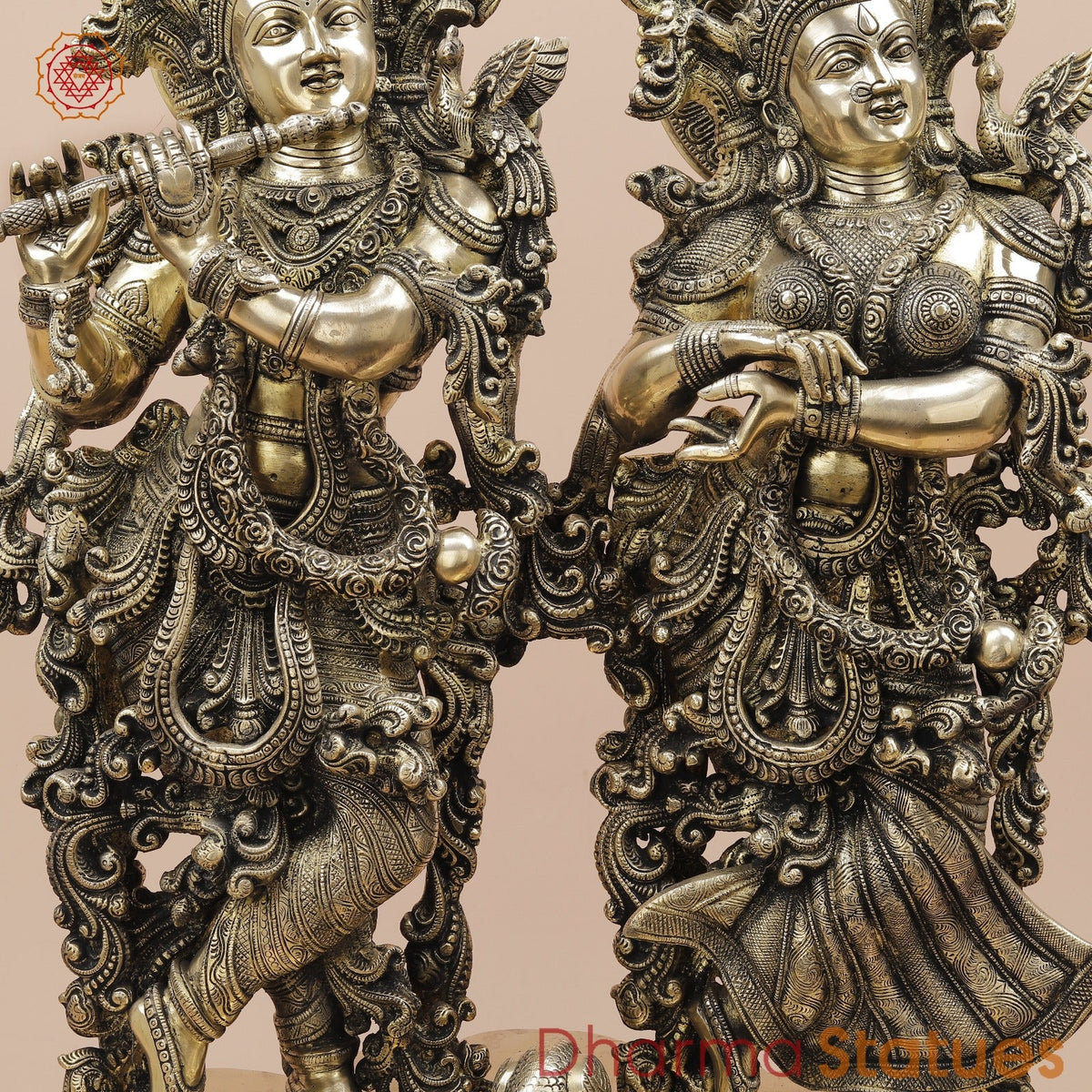 Brass Radha Krishna Standing On Floral Base Fine, Smooth Finish 27”