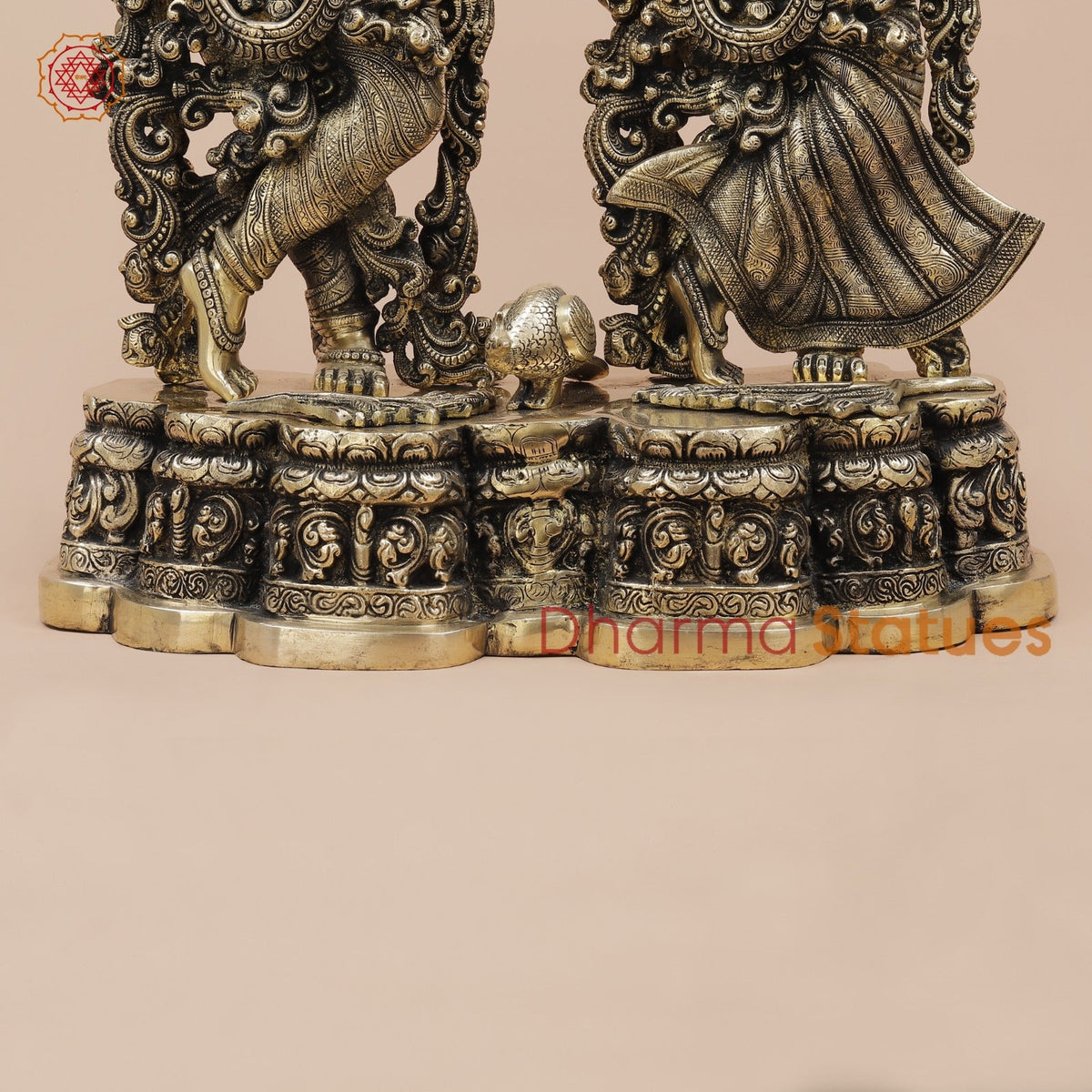 Brass Radha Krishna Standing On Floral Base Fine, Smooth Finish 27”