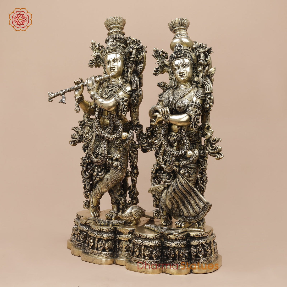 Brass Radha Krishna Standing On Floral Base Fine, Smooth Finish 27”
