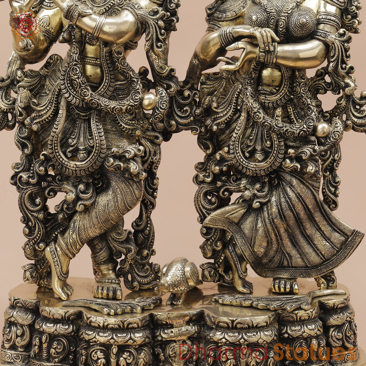 Brass Radha Krishna Standing On Floral Base Fine, Smooth Finish 27”