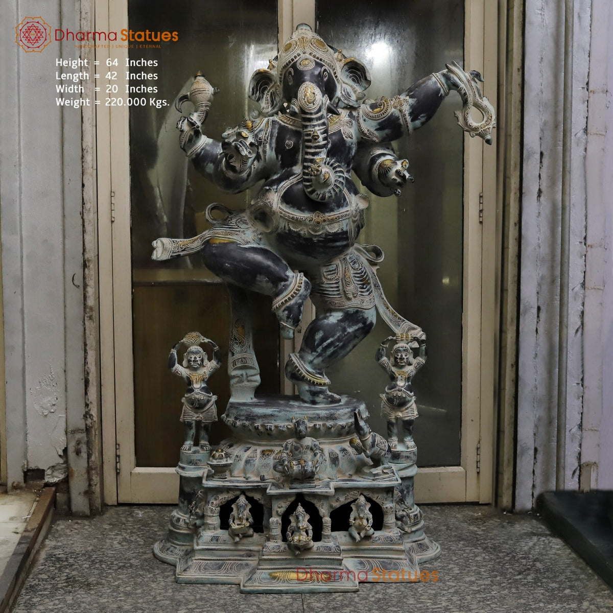 Brass Dancing Ganesh Large with Devotees On the base Fine, Antique Finish 64”
