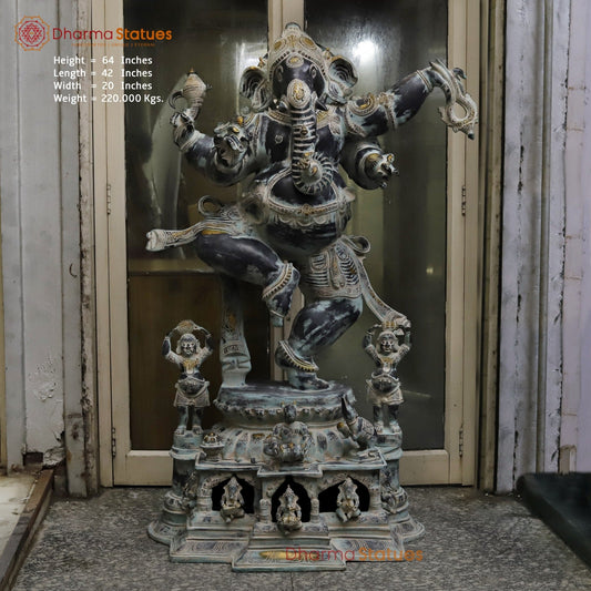 Brass Dancing Ganesh Large with Devotees On the base Fine, Antique Finish 64”