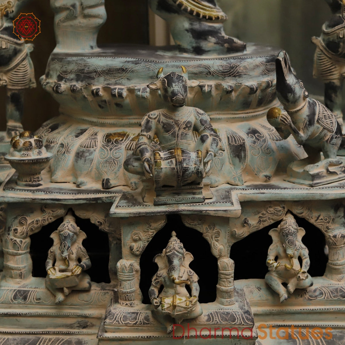 Brass Dancing Ganesh Large with Devotees On the base Fine, Antique Finish 64”