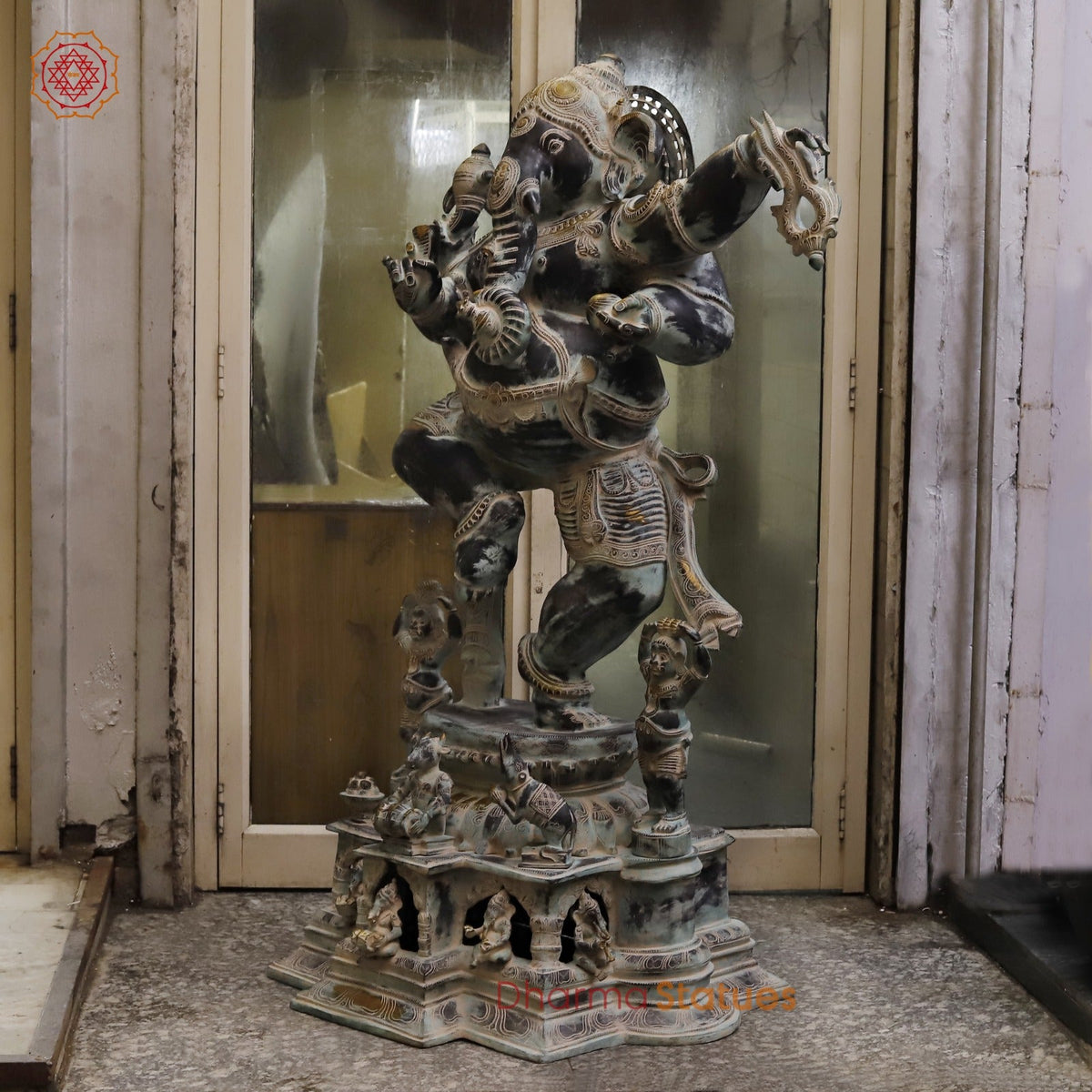Brass Dancing Ganesh Large with Devotees On the base Fine, Antique Finish 64”