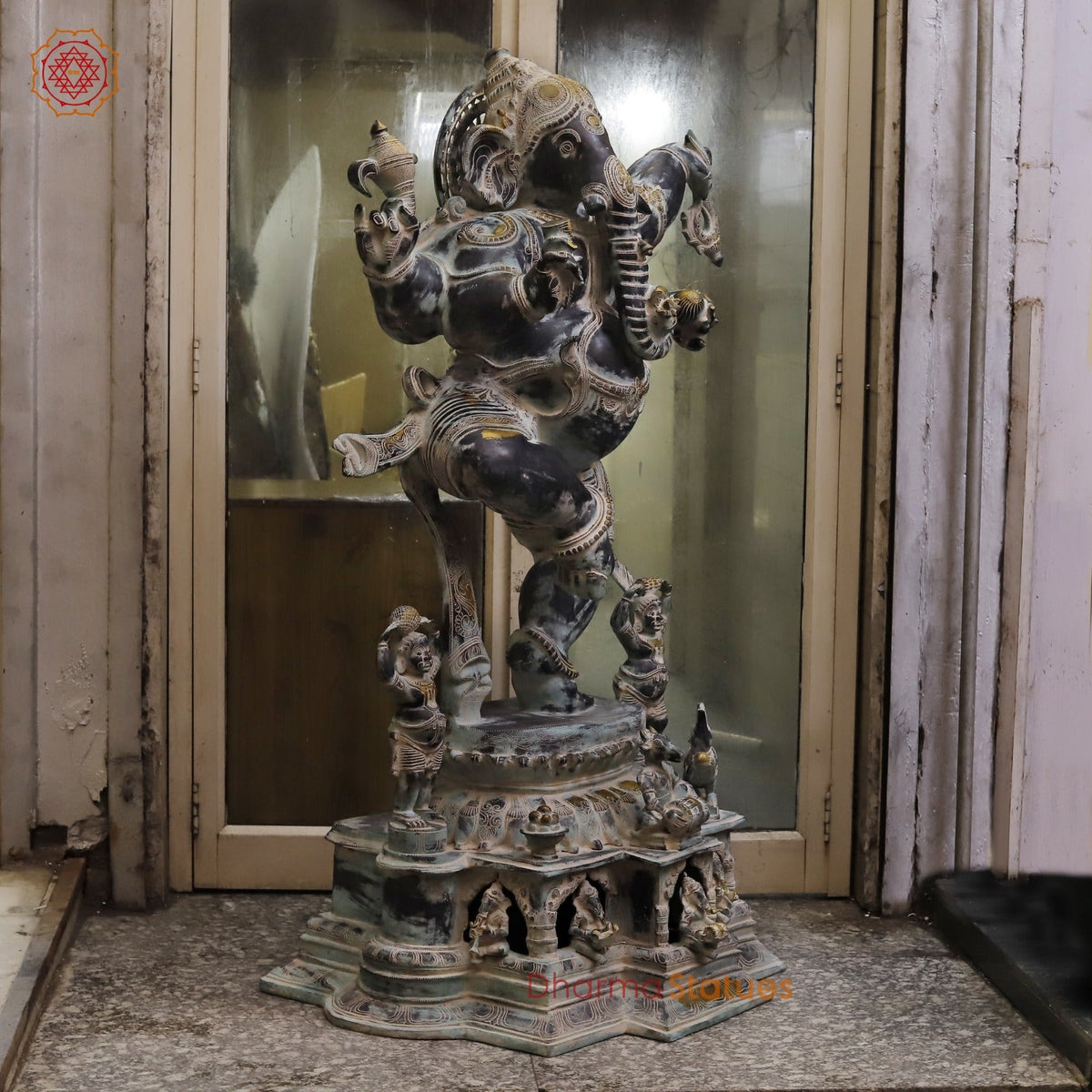 Brass Dancing Ganesh Large with Devotees On the base Fine, Antique Finish 64”
