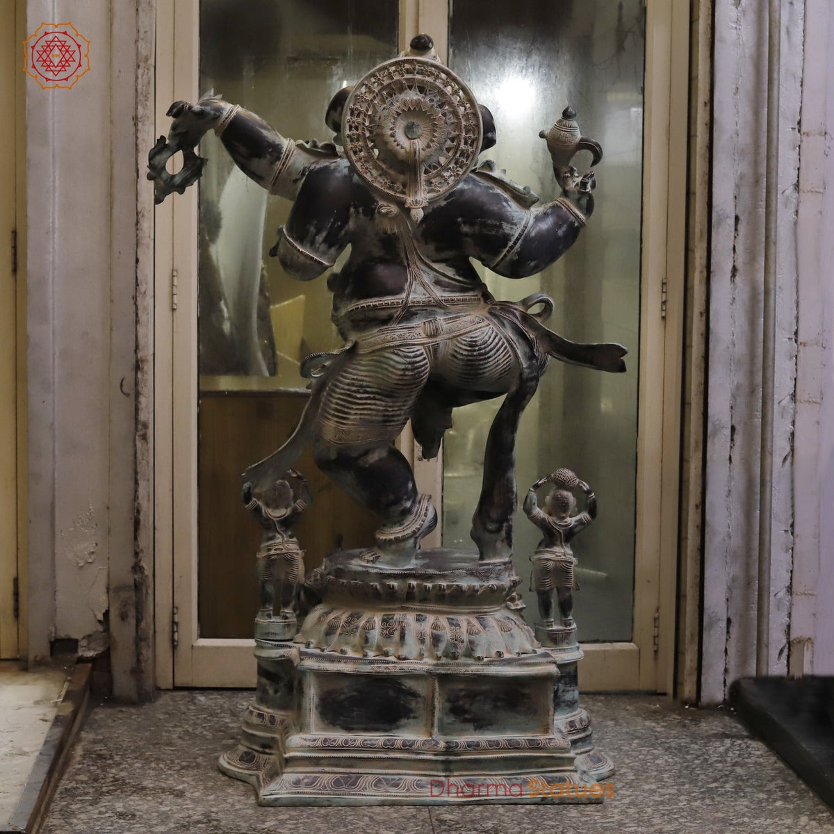 Brass Dancing Ganesh Large with Devotees On the base Fine, Antique Finish 64”