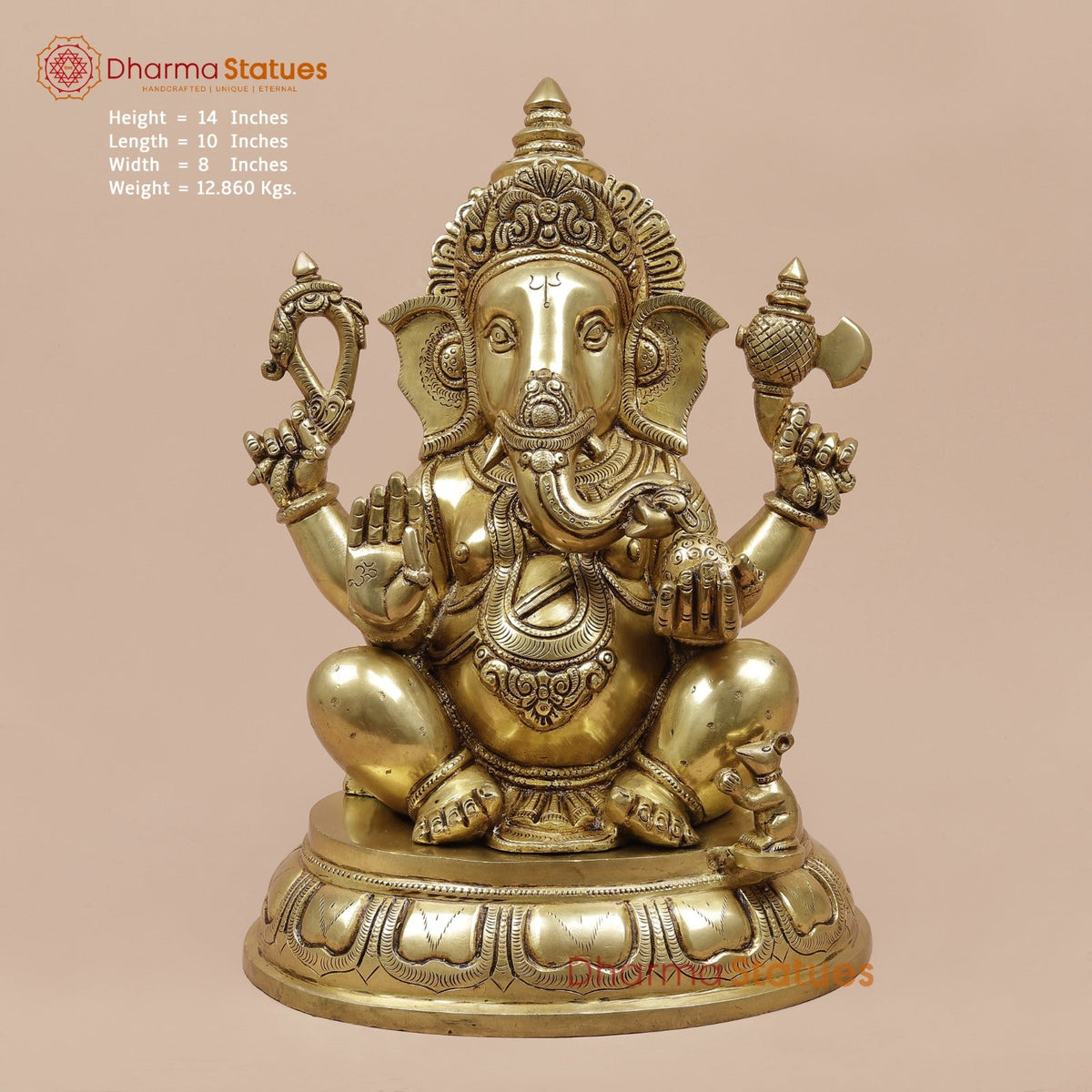 Brass Ganesh Seated fine, Special Gold Finish 14”