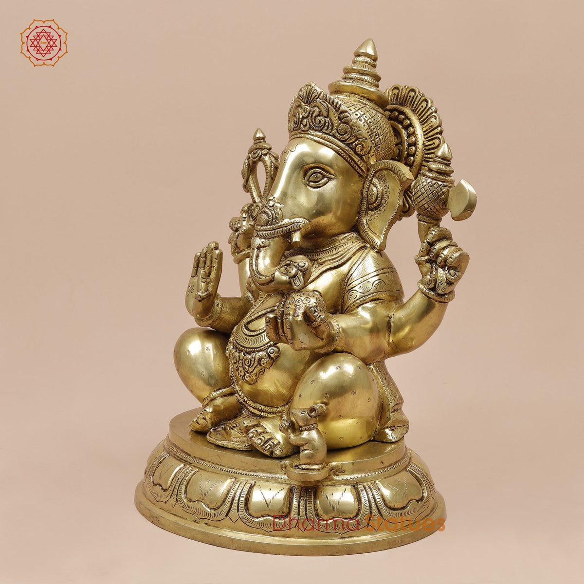 Brass Ganesh Seated fine, Special Gold Finish 14”