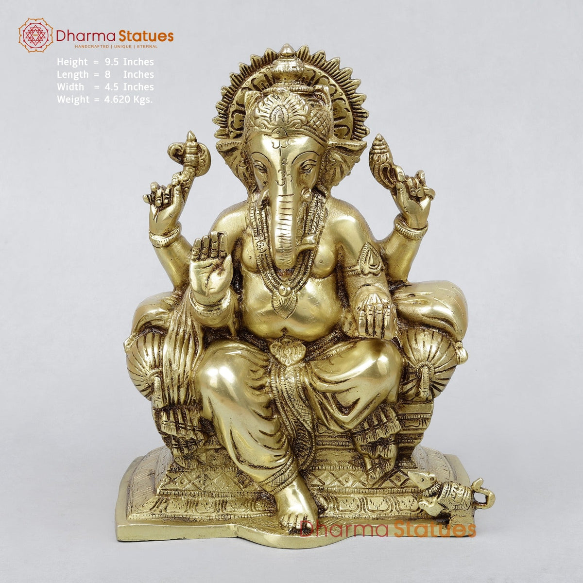 Brass Raja Ganesh Seated on Throne Fine, Golden Finish 10”