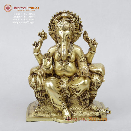 Brass Raja Ganesh Seated on Throne Fine, Golden Finish 10”
