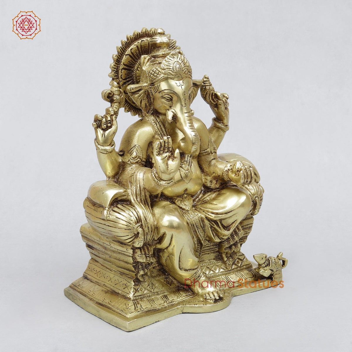 Brass Raja Ganesh Seated on Throne Fine, Golden Finish 10”