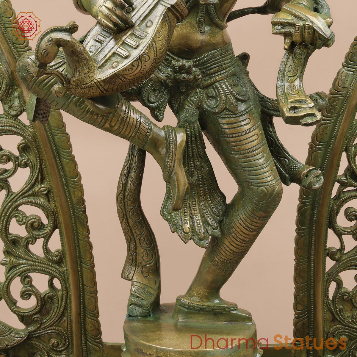 Brass Saraswati Dancing with Arch Fine, Antique Patina 32”