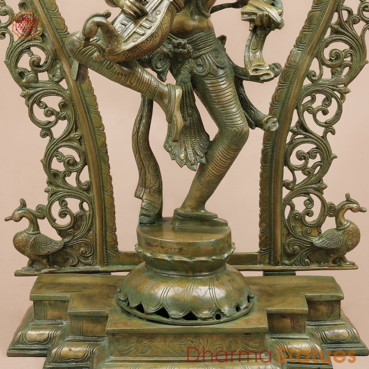Brass Saraswati Dancing with Arch Fine, Antique Patina 32”