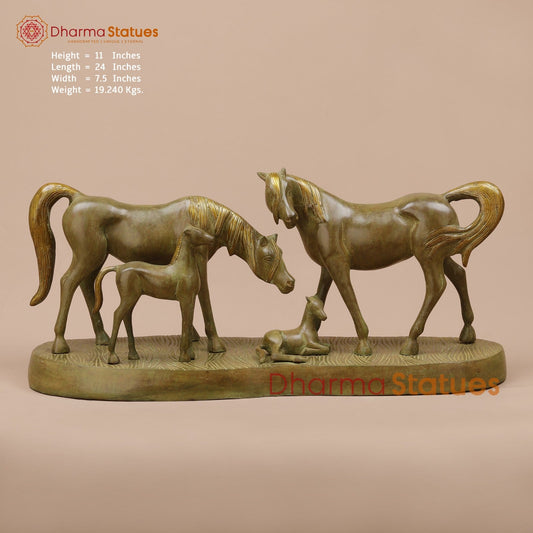 Brass Artistic Horse Family Standing Fine, Green Patina 24”