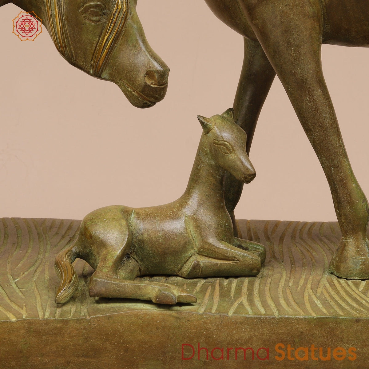 Brass Artistic Horse Family Standing Fine, Green Patina 24”