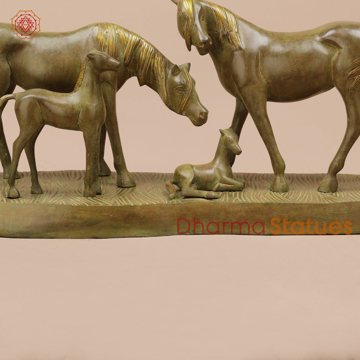Brass Artistic Horse Family Standing Fine, Green Patina 24”