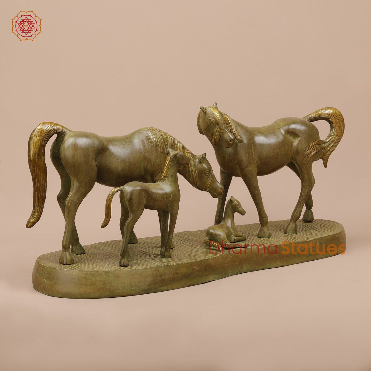 Brass Artistic Horse Family Standing Fine, Green Patina 24”