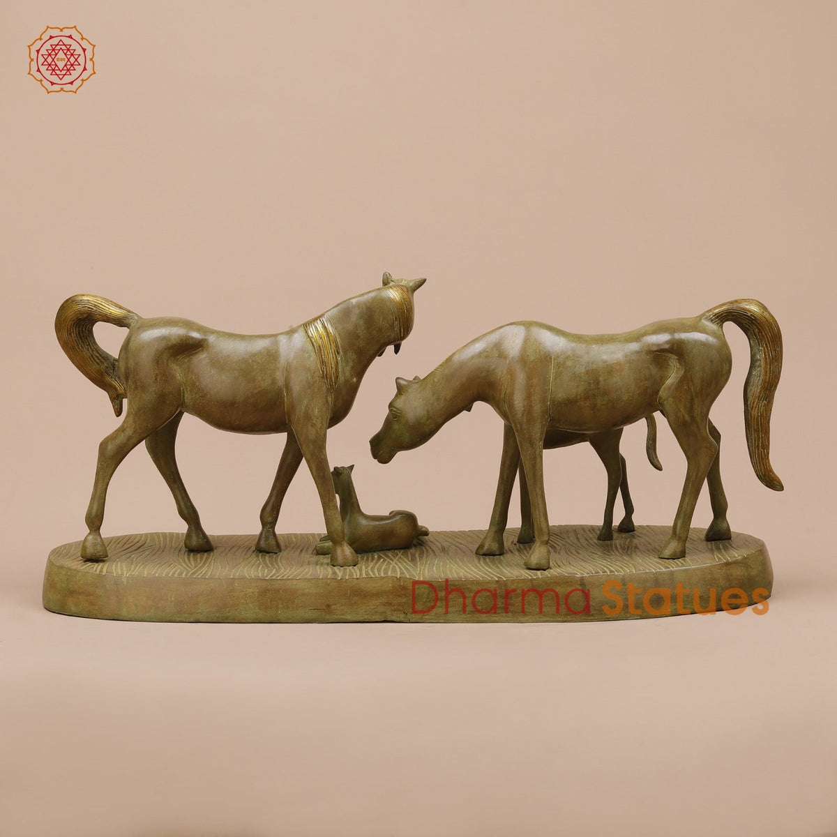 Brass Artistic Horse Family Standing Fine, Green Patina 24”