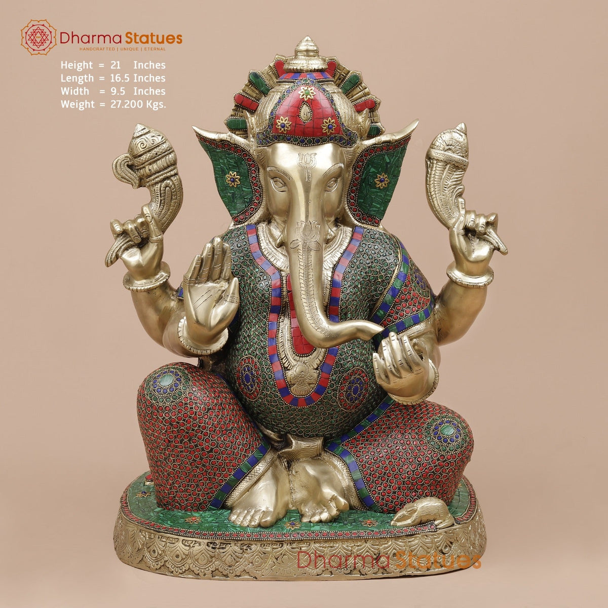 Brass Pooja Ganesh Seated Fine, Stone Work 21”