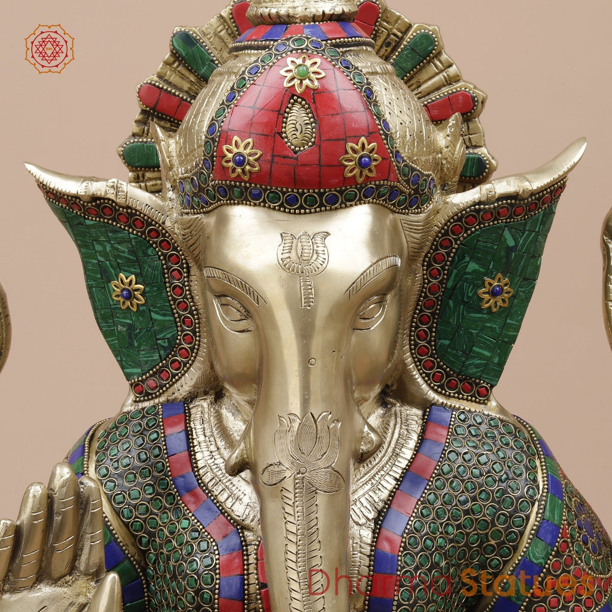 Brass Pooja Ganesh Seated Fine, Stone Work 21”