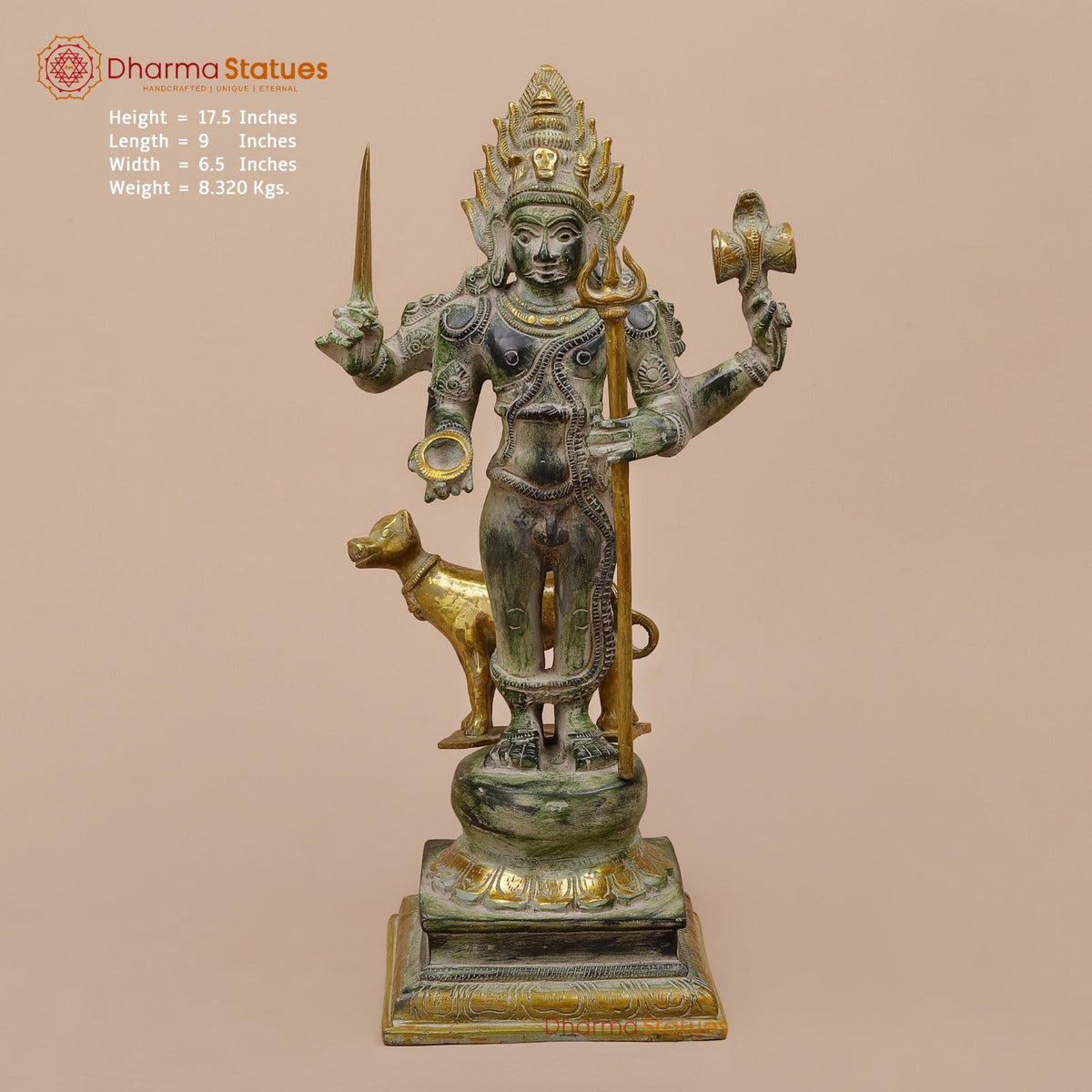 Brass Bhairav Standing Fine, Green and Gold Finish 18”