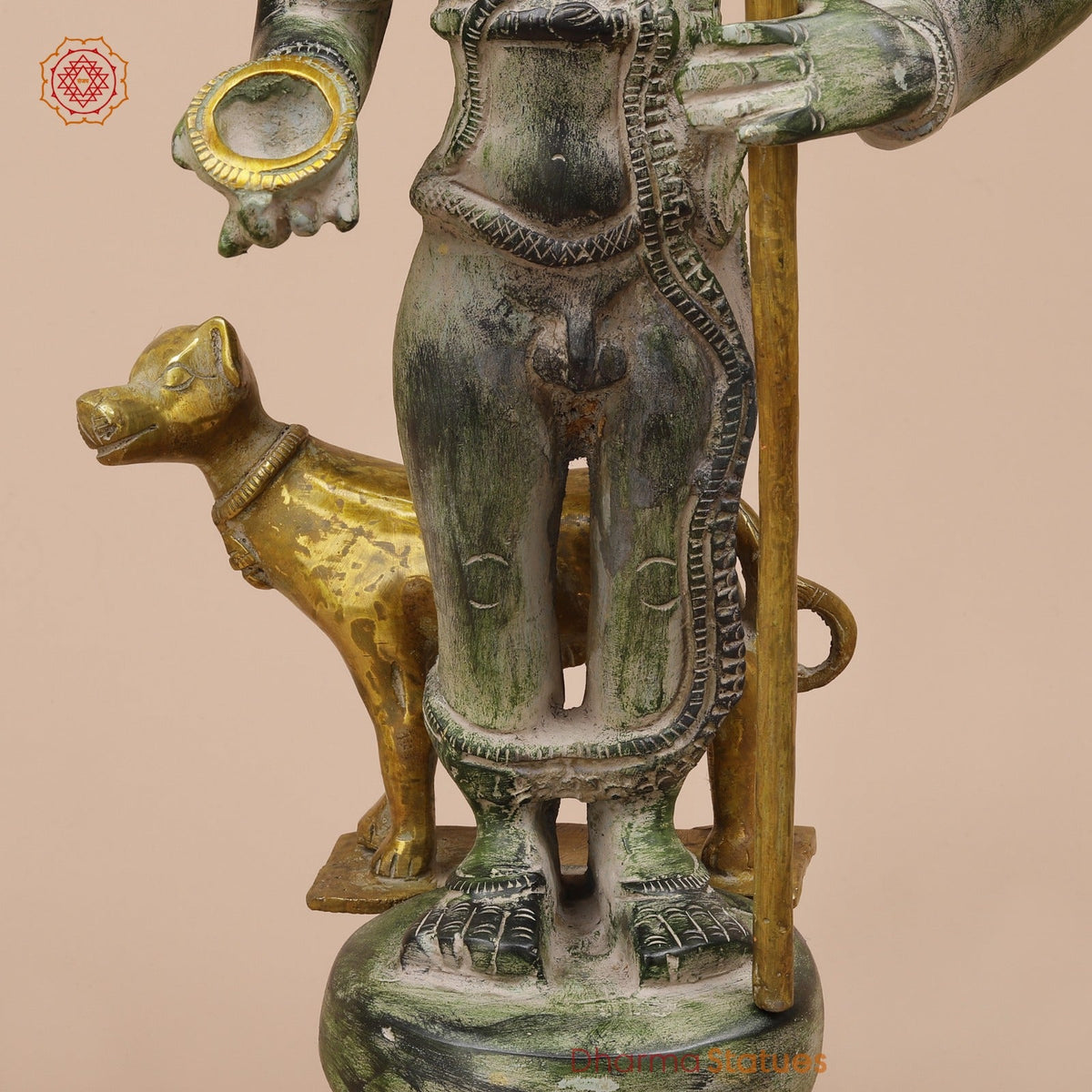 Brass Bhairav Standing Fine, Green and Gold Finish 18”