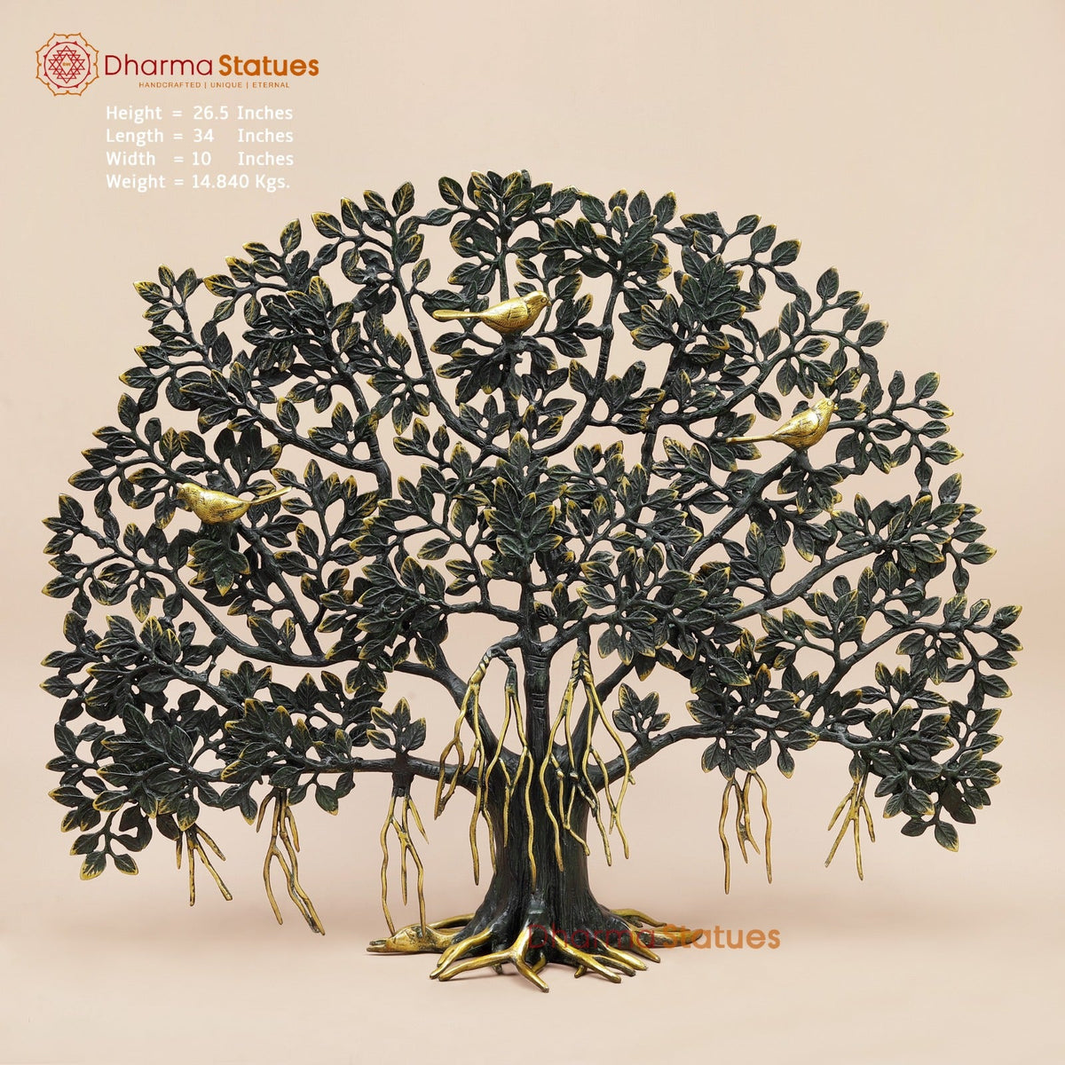 Brass Kalpvriksh Tree Fine, Sea Green and Gold Finish 27”