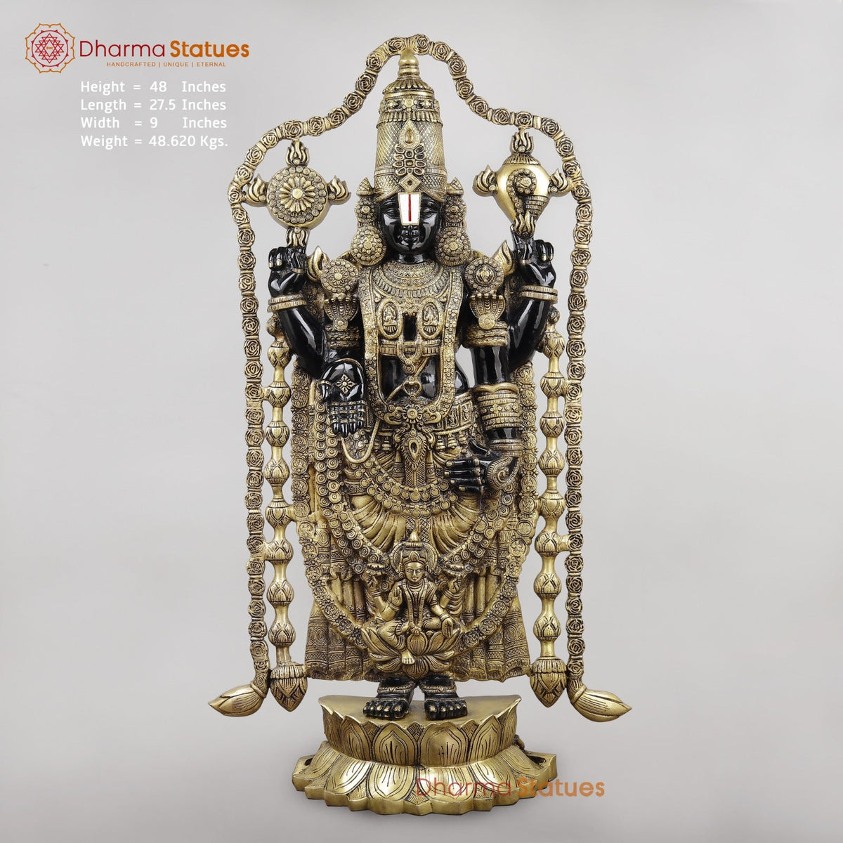 Brass Tirupati Balaji With Garland and Fine Carving, Royal Black Finish 48”
