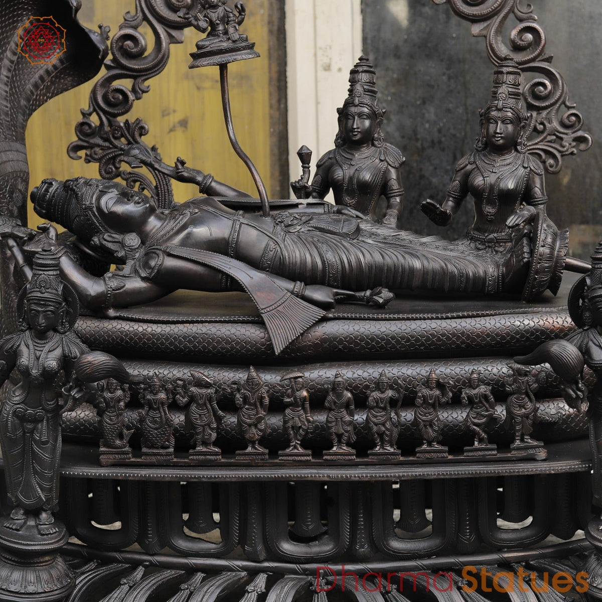 Bronze Vishnu Resting With Lakshmi (Anantshayiana) with Arch Fine, Natural Bronze Finish 43”