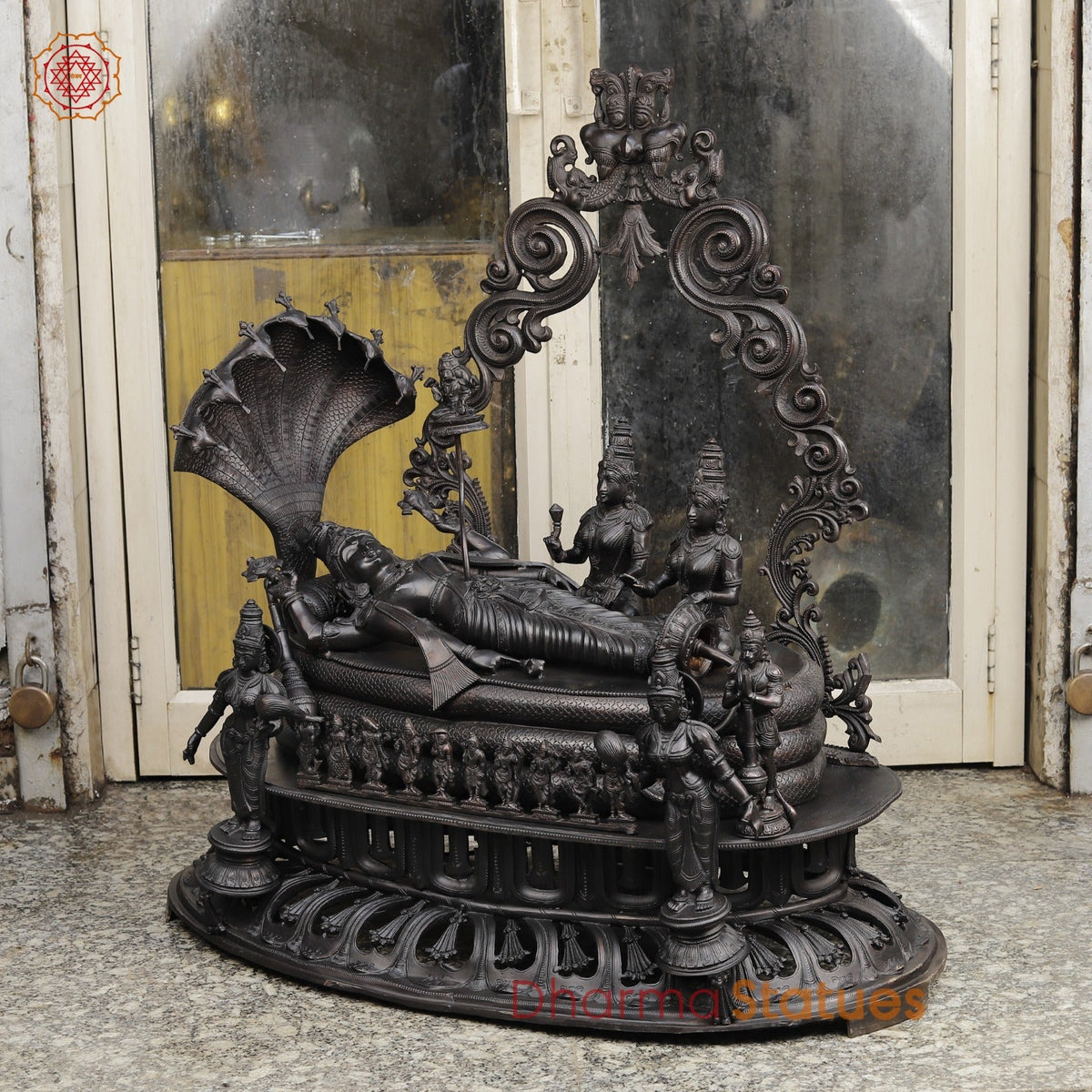 Bronze Vishnu Resting With Lakshmi (Anantshayiana) with Arch Fine, Natural Bronze Finish 43”