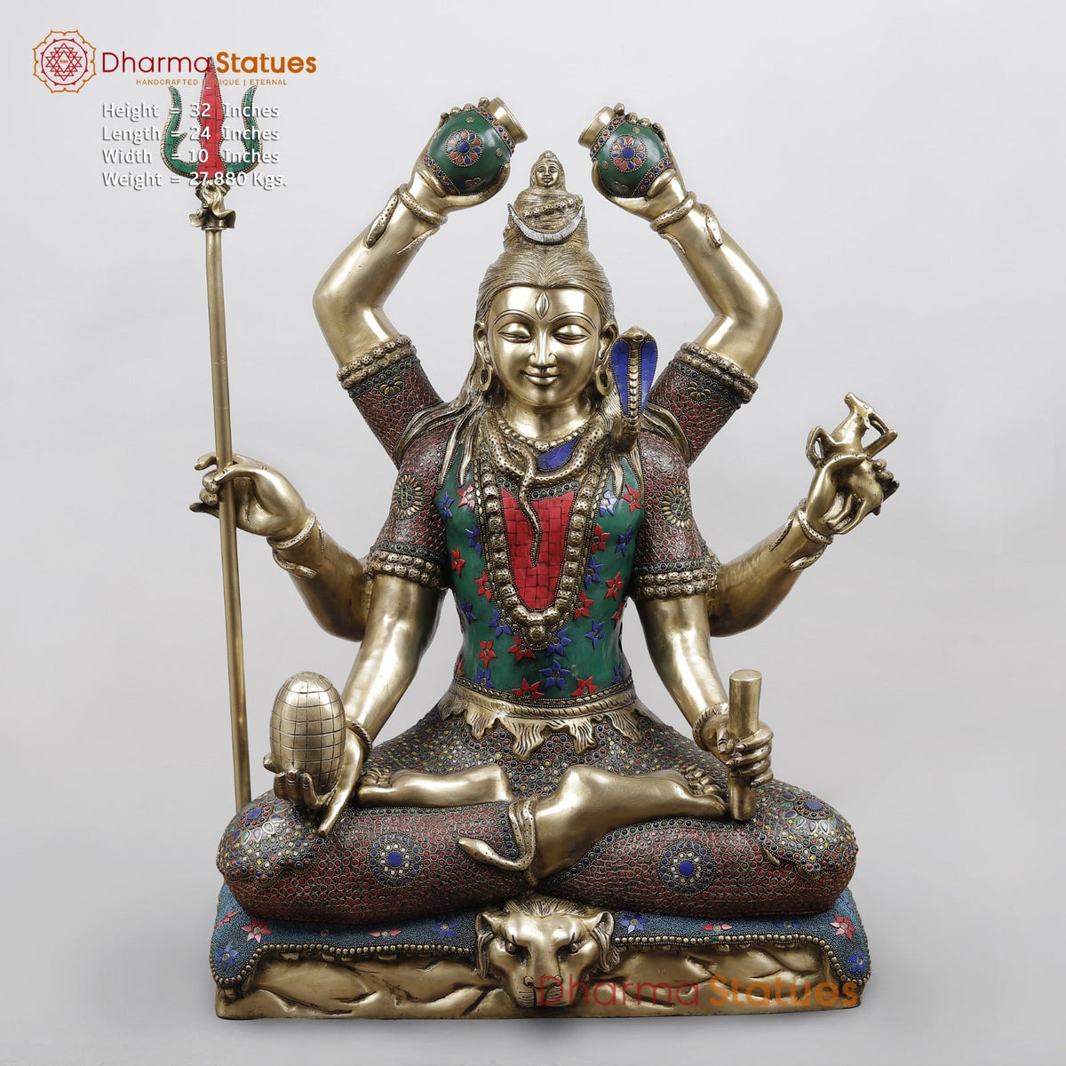 Brass Mahamritunjay Shiva Seated With 6 Hands, Stone Work 32”