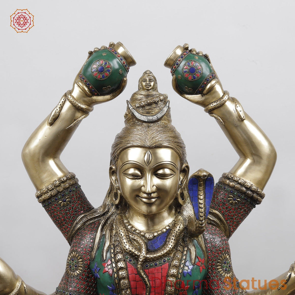 Brass Mahamritunjay Shiva Seated With 6 Hands, Stone Work 32”